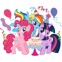 Size: 2048x2048 | Tagged: safe, edit, editor:drtoughlove, imported from twibooru, pinkie pie, rainbow dash, twilight sparkle, earth pony, pegasus, pony, unicorn, balloon, birthday cake, cake, cute, female, food, hat, image, mare, official, party hat, png, simple background, stock vector, transparent background, twibooru exclusive, unicorn twilight, wingless, wingless edit, zazzle