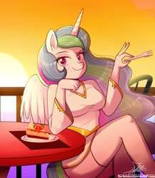 Size: 935x1072 | Tagged: safe, artist:the-butch-x, imported from ponybooru, princess celestia, alicorn, anthro, balcony, beautiful, bedroom eyes, cake, chair, clothes, cropped, dress, food, fork, looking at you, silverware, sitting, smiling, smiling at you, smirk, solo, sunset, table