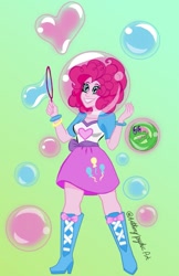 Size: 621x960 | Tagged: safe, artist:cutieboysour, imported from derpibooru, gummy, pinkie pie, equestria girls, boots, bubble, clothes, duo, gradient background, heart, high heel boots, jacket, shirt, shoes, skirt, solo, vest