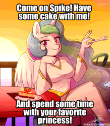 Size: 837x960 | Tagged: safe, artist:the-butch-x, edit, editor:undeadponysoldier, imported from ponybooru, princess celestia, alicorn, anthro, balcony, beautiful, bedroom eyes, best princess, chair, clothes, dialogue, dress, flirting, fork, implied spike, looking at you, offscreen character, silverware, sitting, smiling, smiling at you, smirk, solo, sunset, table, text