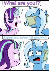 Size: 3508x5083 | Tagged: safe, artist:sketchyboi25, imported from derpibooru, starlight glimmer, trixie, pony, unicorn, angry, bread, dialogue, food, frown, funny, gordon ramsay, idiot sandwich, magic, meme, sandwich, speech bubble, text, unamused