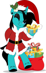 Size: 3163x5000 | Tagged: safe, artist:jhayarr23, imported from derpibooru, pony, unicorn, as it is, bipedal, christmas, clothes, commission, costume, dyed mane, dyed tail, ear piercing, eyeshadow, gauges, hat, holiday, hoof hold, hoof polish, horn, horn piercing, looking at you, makeup, male, mistleholly, nose piercing, one eye closed, patty walters, piercing, ponified, present, sack, santa costume, santa hat, simple background, smiling, solo, stallion, tail, tattoo, transparent background, wink, ych result