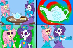 Size: 2266x1488 | Tagged: safe, artist:artsymlp12, imported from derpibooru, fluttershy, rarity, human, equestria girls, british, clothes, comic, cup, dress, duo, gown, hypno eyes, hypnosis, hypnotized, long dress, long skirt, skirt, swirly eyes, teacup, teapot