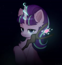 Size: 1440x1516 | Tagged: safe, artist:lerkfruitbat, imported from derpibooru, starlight glimmer, pony, unicorn, the cutie map, chest fluff, cutie mark, dark, dark background, ear fluff, female, glowing, glowing horn, holding, horn, looking at you, magic, mare, s5 starlight, signature, solo, staff, staff of sameness, twilight sparkle's cutie mark