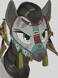 Size: 908x1212 | Tagged: safe, artist:cadillac-dynamite, imported from derpibooru, oc, zebra, accessory, bridle, bust, female, portrait, solo, tack