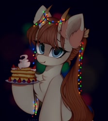 Size: 1374x1542 | Tagged: safe, artist:lerkfruitbat, imported from derpibooru, oc, oc only, original species, pony, blueberry, chest fluff, cute, ear fluff, female, food, holding, mare, ocbetes, pancakes, solo, strawberry, string lights, whipped cream