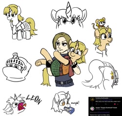 Size: 1091x1043 | Tagged: safe, artist:jargon scott, imported from derpibooru, human, mouse, pony, unicorn, ammunition, ashley graham, bridal carry, butt, carrying, cute, duo, female, helmet, holding a pony, human male, knight helmet, leon s. kennedy, male, mare, meme, mousified, mouth hold, open mouth, plot, ponified, resident evil 4, screaming, self paradox, simple background, sketch, sketch dump, smiling, white background