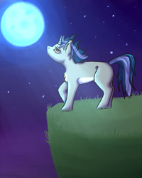 Size: 2000x2500 | Tagged: safe, artist:lunnakoska, imported from derpibooru, oc, oc only, oc:dreaming star, bat pony, bat pony unicorn, hybrid, pony, unicorn, bat pony oc, chest fluff, commission, fangs, grass, horn, looking up, male, moon, moonlight, night, night sky, outdoors, pale belly, red eyes, sky, solo, stallion, ych result