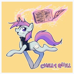 Size: 2000x2000 | Tagged: safe, artist:gop_goopy, imported from derpibooru, oc, oc only, oc:chilly quill, book, female, orange background, simple background, solo