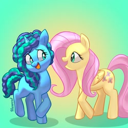 Size: 2500x2500 | Tagged: safe, artist:hexecat, imported from derpibooru, fluttershy, pegasus, pony, unicorn, cute, duo, duo female, female, g4, g4 to g5, g5, g5 to g4, generation leap, gradient background, happy, high res, looking at each other, looking at someone, mare, misty and her heroine, misty brightdawn, mistybetes, open mouth, open smile, raised hoof, raised leg, shy, shyabetes, signature, smiling