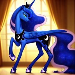 Size: 2048x2048 | Tagged: safe, imported from derpibooru, princess luna, alicorn, pony, ai content, ai generated, blurry background, colored, concave belly, crown, ethereal mane, ethereal tail, female, folded wings, generator:purplesmart.ai, generator:stable diffusion, high res, hoof shoes, jewelry, large wings, long tail, looking at you, mare, peytral, princess shoes, raised hoof, reflection, regalia, shading, slim, smiling, smiling at you, solo, standing, starry mane, starry tail, sternocleidomastoid, tail, thin, turned head, window, wings