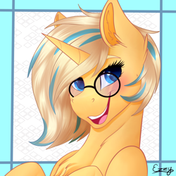 Size: 2000x2000 | Tagged: safe, artist:monsoonvisionz, imported from derpibooru, oc, oc only, oc:positron, pony, unicorn, chest fluff, ear fluff, female, glasses, horn, mare, signature, simple background, smiling, solo, unicorn oc