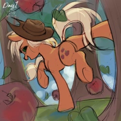 Size: 2048x2048 | Tagged: safe, artist:luanshanhun, imported from derpibooru, applejack, earth pony, pony, apple, applebucking, applejack's hat, butt, cowboy hat, female, food, hat, mare, plot, tree