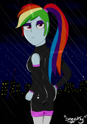 Size: 1024x1449 | Tagged: safe, artist:sneakycsgo, imported from derpibooru, rainbow dash, human, equestria girls, clothes, eyeshadow, female, humanized, looking at you, makeup, rain, skintight clothes, sonic the hedgehog (series), unitard
