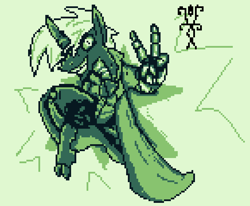 Size: 872x717 | Tagged: safe, artist:damset, imported from derpibooru, oc, oc only, oc:da-mset, changeling, cloak, clothes, monochrome, ms paint, one eye, pixel art, simple background, taunting