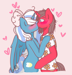 Size: 1024x1062 | Tagged: safe, artist:lolitablue, imported from derpibooru, oc, oc only, oc:fleurbelle, oc:ironyoshi, alicorn, semi-anthro, unicorn, blushing, bow, clothes, heart, kissing, shirt, simple background