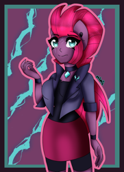 Size: 1810x2503 | Tagged: safe, artist:dazzlingmimi, imported from derpibooru, tempest shadow, human, equestria girls, choker, clothes, equestria girls-ified, half body, jacket, mohawk, skirt, solo