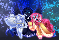 Size: 3000x2065 | Tagged: safe, artist:mediasmile666, imported from derpibooru, applejack, pinkie pie, princess luna, spirit of hearth's warming past, spirit of hearth's warming presents, spirit of hearth's warming yet to come, alicorn, ghost, pony, undead, a hearth's warming tail