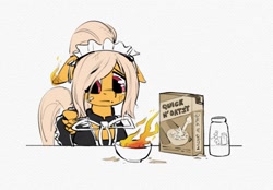 Size: 1177x820 | Tagged: safe, artist:quotepony, imported from derpibooru, oc, oc only, pegasus, pony, bandaid, clothes, dress, food, frown, looking down, maid, milk, oatmeal, oats, on fire, sad, solo