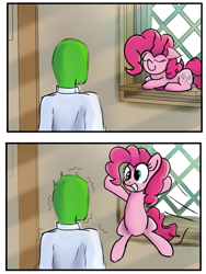 Size: 763x1012 | Tagged: safe, artist:valeidem, imported from derpibooru, pinkie pie, oc, oc:anon, earth pony, human, pony, 2 panel comic, comic, crepuscular rays, drawthread, eyes closed, female, floppy ears, grin, imminent glomp, incoming hug, jumping, lying down, male, mare, ponybooru import, prone, reference, shivering, shocked, sleeping, smiling, startled, this will end in hugs
