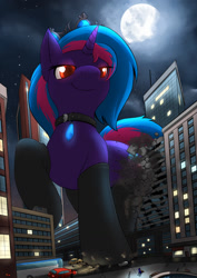 Size: 905x1280 | Tagged: safe, artist:rai-kun, imported from derpibooru, pony, unicorn, blue mane, building, bus, car, choker, city, clothes, collar, crown, crush fetish, crushed, crushing, destruction, ear fluff, fetish, giga giant, hoof fetish, jewelry, looking down, macro, macro/micro, moon, night, pink mane, red eyes, regalia, smiling, socks, truck, two toned mane