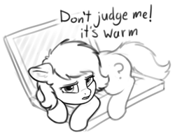 Size: 1096x852 | Tagged: safe, artist:smoldix, imported from derpibooru, oc, oc only, oc:filly anon, earth pony, pony, behaving like a cat, black and white, computer, cute, ears, female, filly, floppy ears, foal, grayscale, laptop computer, looking at you, monochrome, ponybooru import, simple background, solo, white background