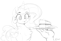 Size: 3072x2083 | Tagged: safe, artist:thelunarmoon, imported from derpibooru, princess celestia, alicorn, pony, cake, cakelestia, chest fluff, disembodied hand, eyes on the prize, female, food, grayscale, hand, mare, monochrome, simple background, sketch, solo focus, that pony sure does love cakes, white background