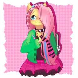 Size: 2048x2048 | Tagged: safe, artist:art_alanis, imported from derpibooru, fluttershy, anthro, pegasus, backpack, choker, clothes, draw this in your style, dtiys emoflat, evening gloves, female, fingerless elbow gloves, fingerless gloves, gloves, grin, hair over one eye, jacket, long gloves, mare, passepartout, plaid skirt, simple background, skirt, smiling, solo, spiked choker, striped gloves, white background