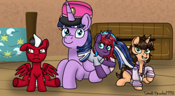 Size: 1002x553 | Tagged: safe, artist:lynnthenerdkitty, imported from derpibooru, oc, oc:charming dazz, oc:paddy sparkle, oc:small brooke, alicorn, pegasus, pony, unicorn, family photo, foal, picture frame, shatter (transformers), transformers