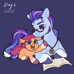 Size: 2048x2048 | Tagged: safe, alternate version, artist:luanshanhun, imported from derpibooru, sunny starscout, earth pony, pony, argyle starshine, blank flank, blue background, book, cute, duo, father and child, father and daughter, female, filly, filly sunny starscout, foal, g5, glasses, high res, jewelry, male, open mouth, open smile, pendant, raised hoof, simple background, smiling, stallion, sunnybetes, younger