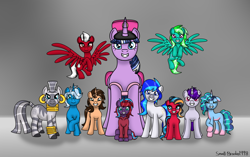 Size: 1416x892 | Tagged: safe, artist:lynnthenerdkitty, imported from derpibooru, zecora, oc, oc:charming dazz, oc:hooklined, oc:paddy sparkle, oc:sirius canis major, oc:small brooke, oc:starshine twinkle, alicorn, earth pony, pegasus, pony, unicorn, zebra, chromia, everyone, family photo, g5, misty brightdawn, photo studio, shatter (transformers), transformers, windblade