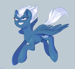 Size: 2400x2200 | Tagged: safe, artist:ske, imported from derpibooru, night glider, pegasus, pony, eyebrows, female, flying, furrowed brow, gray background, grin, high res, lip bite, mare, simple background, smiling, solo, spread wings, wings