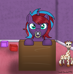 Size: 2161x2172 | Tagged: safe, artist:lynnthenerdkitty, imported from derpibooru, oc, oc:charming dazz, blocks, foal, nursery, pacifier, sophie the toy giraffe