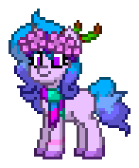 Size: 196x236 | Tagged: safe, imported from derpibooru, izzy moonbow, pony, unicorn, pony town, spoiler:g5, spoiler:winter wishday, clothes, fake antlers, floral head wreath, flower, g5, my little pony: make your mark, my little pony: make your mark chapter 3, scarf, simple background, solo, transparent background, winter wishday