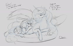 Size: 2368x1501 | Tagged: safe, artist:thelunarmoon, imported from derpibooru, princess celestia, princess luna, alicorn, pony, cushion, dialogue, female, mare, momlestia, preglestia, pregnant, royal sisters, siblings, sisters, size difference, sketch, spread wings, wholesome, wings