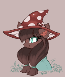 Size: 1322x1569 | Tagged: safe, artist:confetticakez, imported from derpibooru, oc, oc only, pony, brown fur, brown mane, clothes, ear fluff, female, freckles, green eyes, hat, mare, mushroom, mushroom hat, pigtails, robe, solo