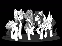 Size: 1280x960 | Tagged: safe, artist:sinclair2013, imported from derpibooru, oc, oc only, oc:bijou butterfly, oc:hotfix, oc:piezo, alicorn, pegasus, pony, monochrome