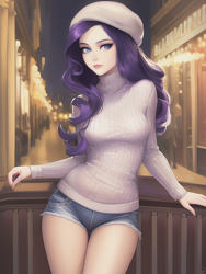 Size: 1020x1360 | Tagged: safe, imported from derpibooru, rarity, human, equestria girls, ai content, ai generated, beret, breasts, busty rarity, clothes, denim, denim shorts, emotionless, expressionless face, female, french, generator:stable diffusion, hat, lights, lips, looking at you, night, paris, pose, prompter:sammykun, reasonably sized breasts, shorts, slim, solo, sweater, thighs, turtleneck, wood