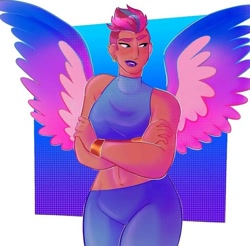Size: 720x709 | Tagged: safe, artist:flacalarry, imported from derpibooru, zipp storm, human, abstract background, crossed arms, ear piercing, earring, g5, humanized, jewelry, moderate dark skin, piercing, solo, tan skin, winged humanization, wings