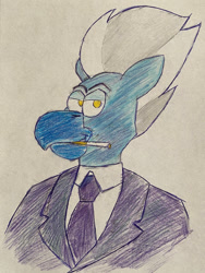 Size: 885x1174 | Tagged: safe, artist:rotgriff, imported from derpibooru, sky beak, anthro, hippogriff, beak, bust, cigarette, clothes, g4, lidded eyes, looking at you, male, necktie, portrait, smiling, smirk, smoking, solo, suit, traditional art