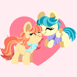 Size: 4100x4100 | Tagged: safe, artist:fizzlefer, imported from derpibooru, aunt holiday, auntie lofty, earth pony, pegasus, pony, boop, duo, eyes closed, female, heart, heart background, lesbian, lofty day, mare, noseboop, nuzzling, shipping, smiling