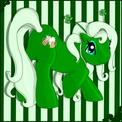 Size: 2000x1998 | Tagged: safe, artist:noelle23, imported from derpibooru, oc, oc only, earth pony, pony, alcohol, ass up, beer, butt, clover, eyeshadow, female, four leaf clover, g3, holiday, makeup, mare, plot, raised hoof, rear view, saint patrick's day, smiling, solo, underhoof