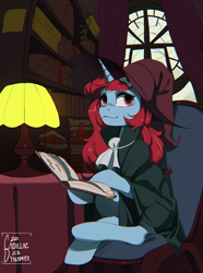Size: 1560x2100 | Tagged: safe, artist:cadillac-dynamite, imported from derpibooru, oc, oc only, pony, unicorn, book, bookshelf, cloak, clothes, detailed background, female, hat, lamp, library, mare, solo, window, witch hat