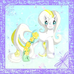 Size: 2000x2000 | Tagged: safe, artist:noelle23, imported from derpibooru, oc, oc only, dragonfly, earth pony, insect, pony, blushing, female, g3, looking at you, mare, raised hoof, solo, spring