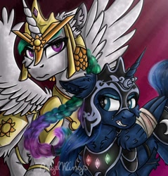 Size: 1133x1186 | Tagged: safe, artist:angelwingsmlpfim, imported from derpibooru, princess celestia, princess luna, alicorn, pony, alternate hairstyle, angry, armor, bandage, braid, braided ponytail, duo, female, helmet, mare, ponytail, royal sisters, scowl, siblings, signature, sisters, warrior, warrior celestia, warrior luna