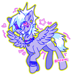 Size: 1168x1191 | Tagged: safe, artist:beetlebonez, derpibooru exclusive, imported from derpibooru, cloudchaser, pegasus, pony, bandaid, blue mane, blushing, bracelet, ear piercing, eyestrain warning, female, heart, jewelry, looking at you, necklace, one eye closed, piercing, pink eyes, purple coat, scene, simple background, smiling, smiling at you, solo, spread wings, stars, transparent background, walking, wings, wink, winking at you