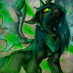 Size: 1808x1808 | Tagged: safe, artist:angelwingsmlpfim, imported from derpibooru, queen chrysalis, changeling, changeling queen, fangs, perspective, signature, smiling, solo, spread wings, ultimate chrysalis, wings