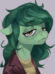 Size: 1560x2100 | Tagged: safe, artist:cadillac-dynamite, imported from derpibooru, wallflower blush, earth pony, pony, equestria at war mod, bust, clothes, equestria girls ponified, ponified, portrait, solo, tired eyes, unamused, wallflower blush is not amused