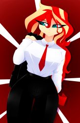Size: 1300x2000 | Tagged: safe, artist:xan-gelx, imported from derpibooru, sunset shimmer, human, equestria girls, abstract background, breasts, busty sunset shimmer, button-up shirt, clothes, dress shirt, eye clipping through hair, female, necktie, office lady, pants, shirt, solo, uniform