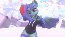 Size: 1920x1080 | Tagged: safe, imported from derpibooru, oc, oc:omega beats, alicorn, anthro, 3d, arm warmers, clothes, ear piercing, earring, hoodie, horn, jewelry, one eye closed, piercing, smiling, socks, solo, spread wings, vrchat, wings, wink